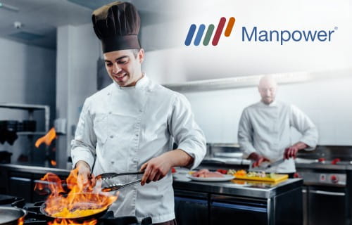 Koch mit flambierter Pfanne in Großküche / Manpower