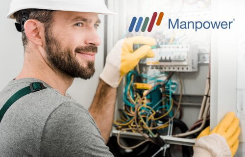 Industriearbeiter mit Schutzkleidung am Verteilerkasten / Manpower