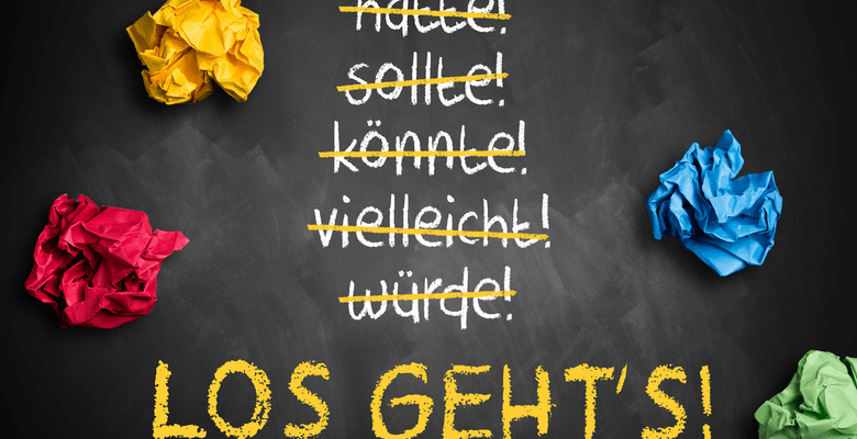 Möglichkeiten andeutende Worte sind abgestrichen und ganz unten steht Los geht's