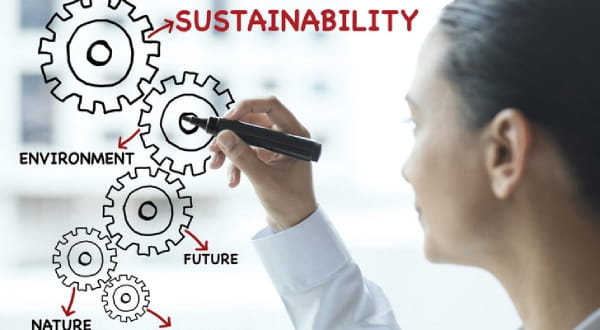 Frau malt auf Fensterscheibe Zahnräder mit "SUSTAINABILITY", "ENVIRONMENT", "FUTURE", "NATURE"