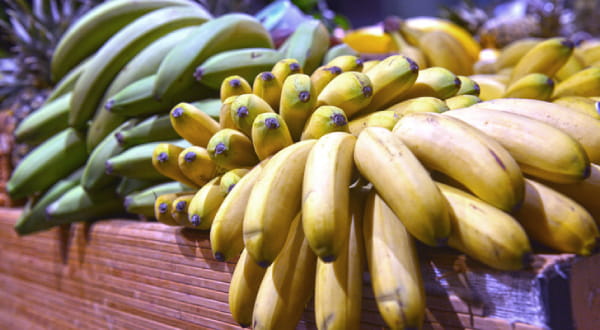 große unreife und reife Bananen in Kiste